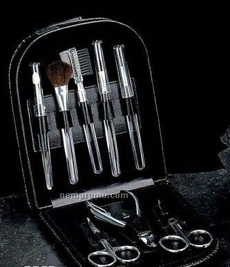 8 Piece Manicure & Make Up Set W/ Black Leather Case