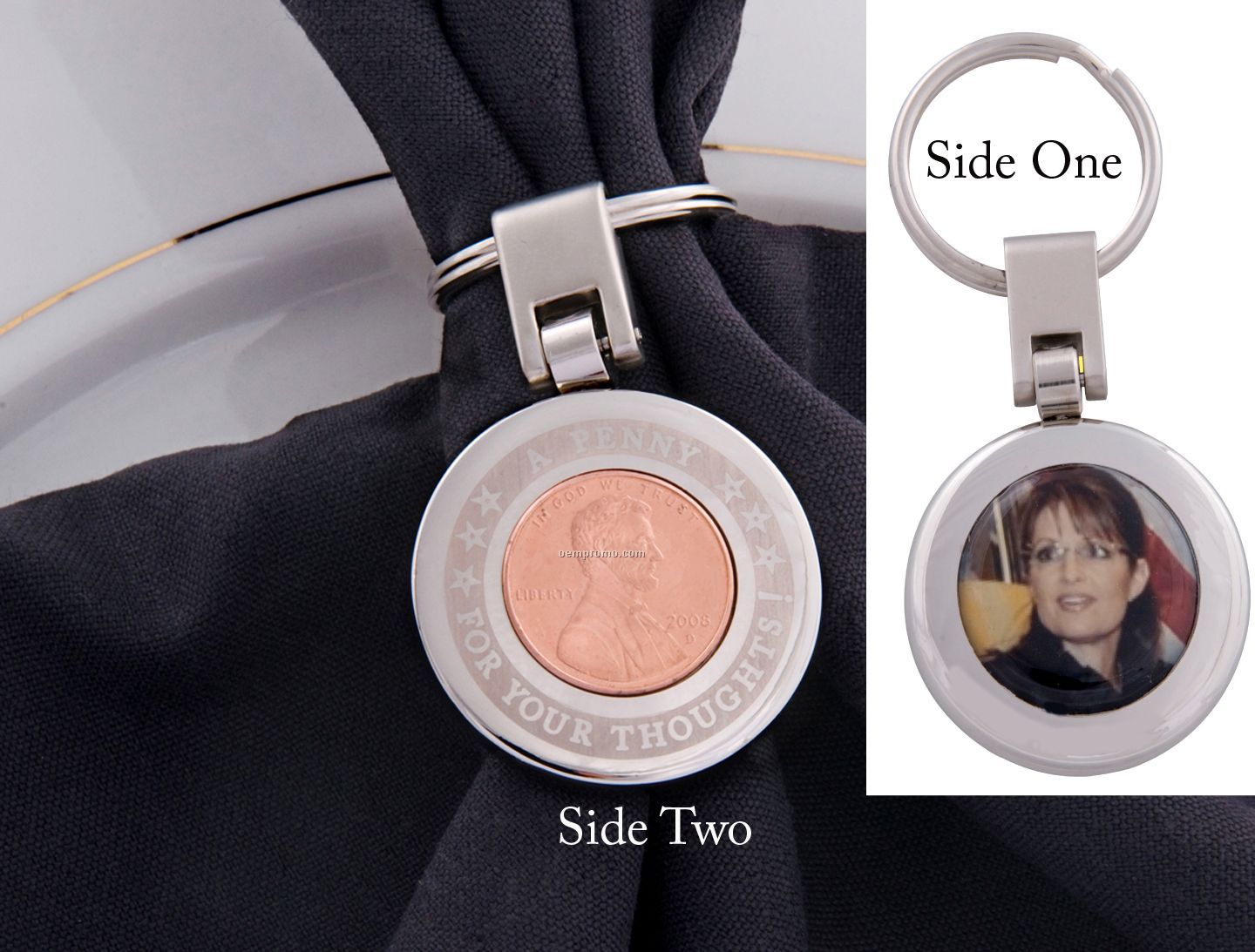 Shiny Round Key Ring With Penny Embedment, Reverse Side With 4 Color Proces