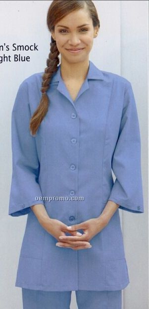Navy Blue Red Kap Women's Loose Fit Button Front 3/4 Sleeve Smock