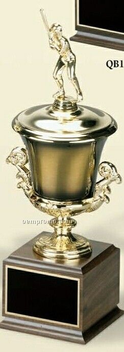 Tall Antique Gold Cup On Cherry Finished Base