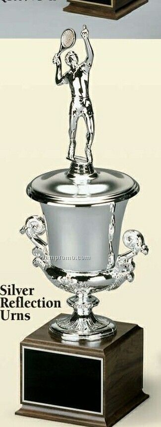 Tall Bright Metal Silver Cup On Cherry Finished Base
