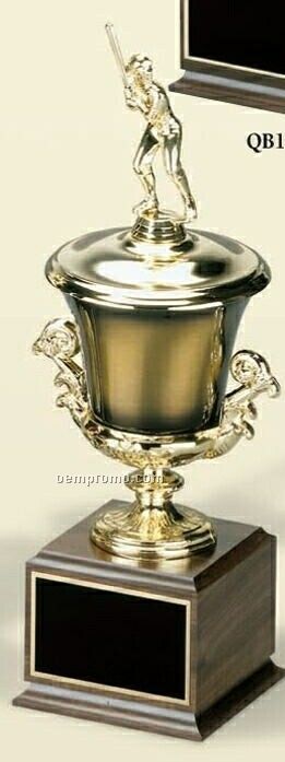 Tall Antique Gold Cup On Cherry Finished Base