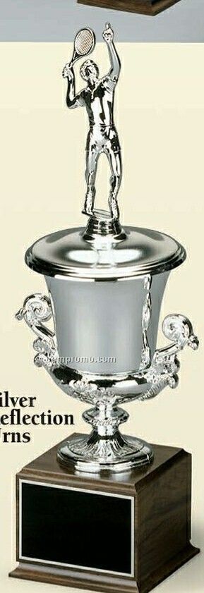 Tall Bright Metal Silver Cup On Cherry Finished Base
