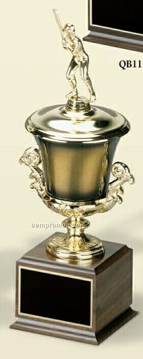 Tall Antique Gold Cup On Cherry Finished Base
