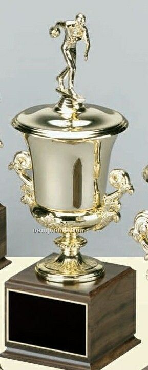 Tall Bright Metal Gold Cup On Cherry Finished Base