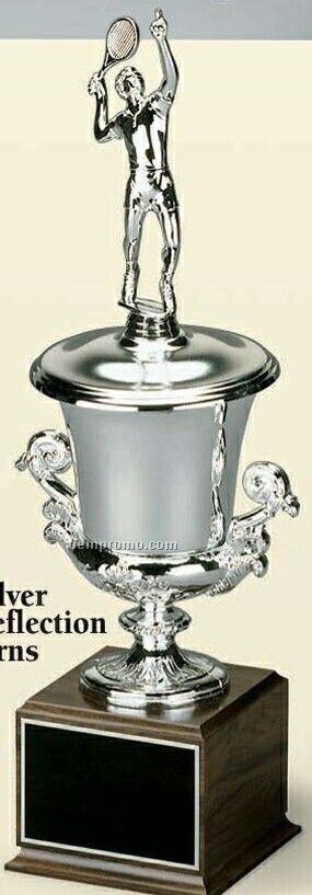Tall Bright Metal Silver Cup On Cherry Finished Base