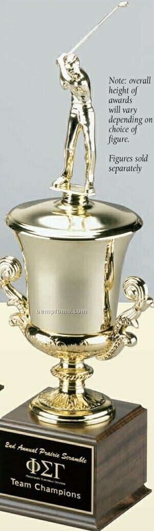 Tall Antique Gold Cup On Cherry Finished Base