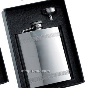 8 Oz. Stainless Steel Flask W/ Horizontal Decorative Stripes & Flask