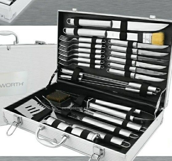 24 Piece Bbq Set With Skewers/ Tongs/ Cleaning Brush & Knives