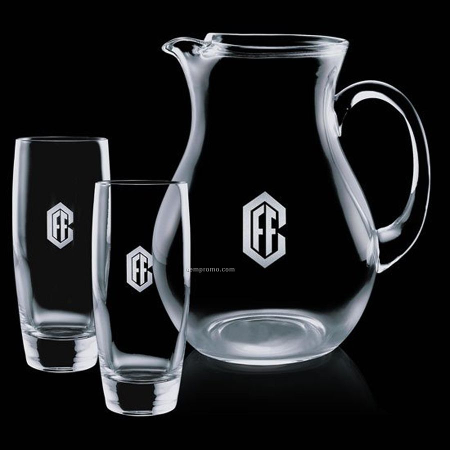 Crystal Belfast Pitcher With 2 Hiball Glasses