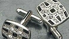 Rhodium Plated Cufflinks W/ Black Enamel & Crystal