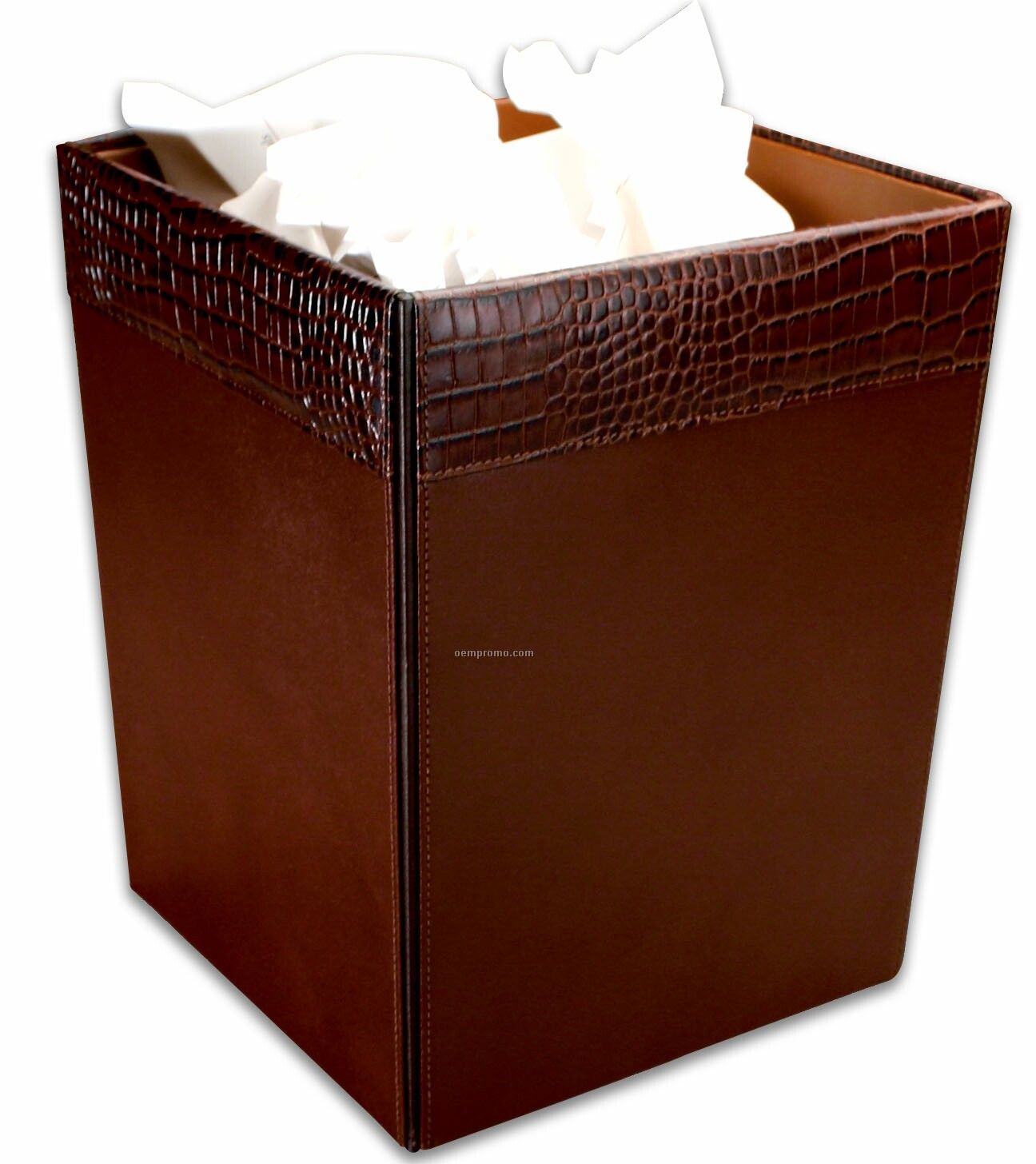 Brown Crocodile Embossed Leather Square Waste Basket