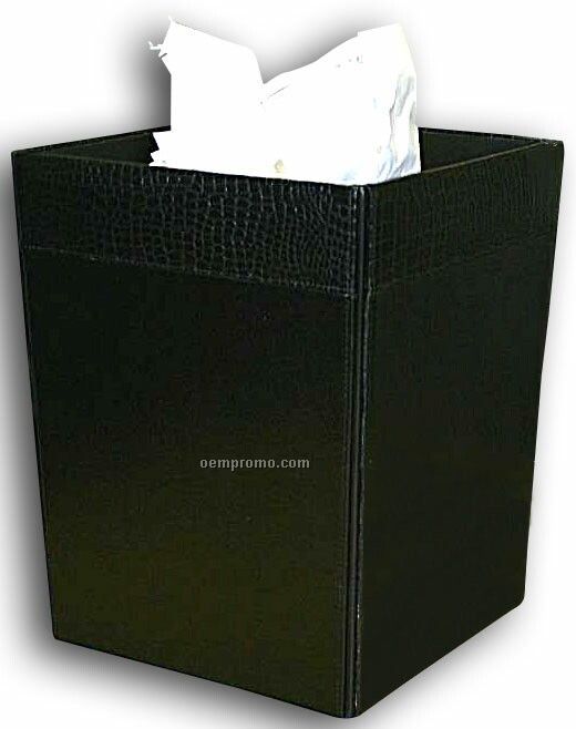 Black Crocodile Embossed Leather Square Waste Basket