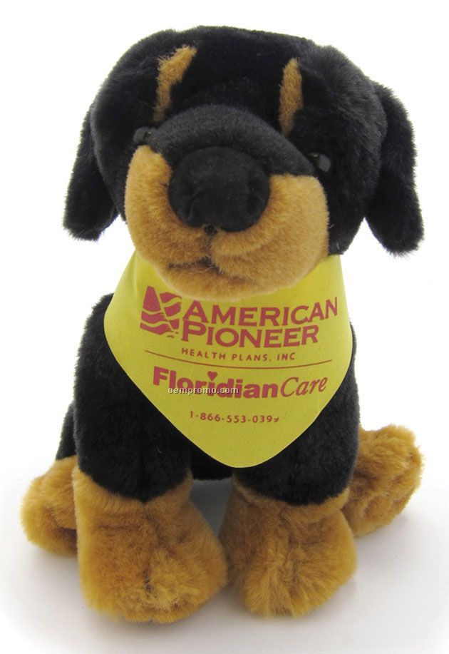 Sitting Stuffed Beanie Dog With Bandana - Black & Tan (7")