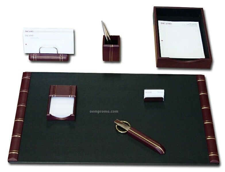 Burgundy Red 7-piece Gold Striped Leather Desk Set